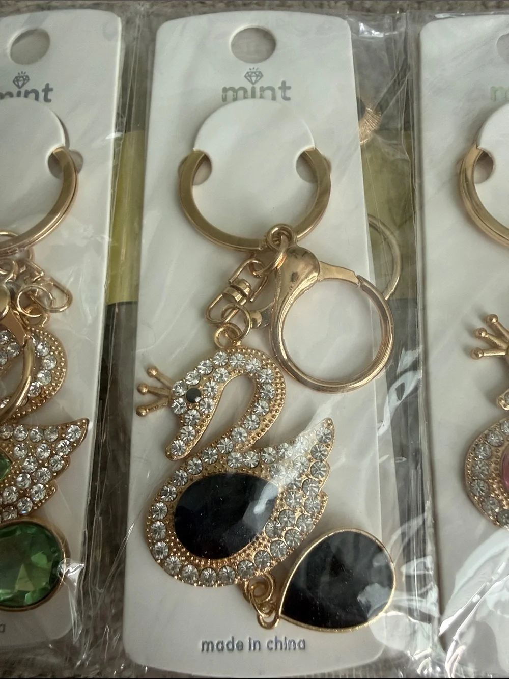 3 for $10 Mint Gold Swan Keychains with Crystals. NWT.